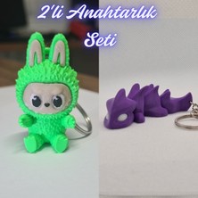 3D Atölye Maker  Yeşil Labubu ve Mor Esnek Ejder Anahtarlık