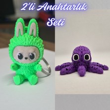 3D Atölye Maker  Yeşil Labubu ve Mor Örgü Desen Ahtapot Anahtarlık