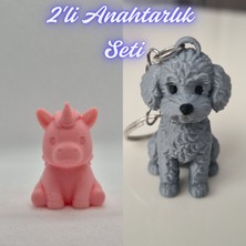 3D Atölye Maker  Açık Pembe Unicorn ve Gümüş Poddle Köpek Anahtarlık