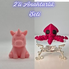 3D Atölye Maker  Açık Pembe Unicorn ve Kırmızı Kalamar Anahtarlık