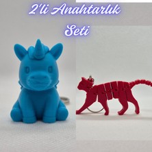 3D Atölye Maker  Mavi Unicorn ve Kırmızı Esnek Kedi Anahtarlık