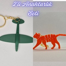 3D Atölye Maker  Koyu Yeşil Uçak ve Turuncu Esnek Kedi Anahtarlık