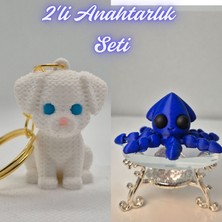 3D Atölye Maker  Beyaz Örgü Desen Köpek-2 ve Mavi Kalamar Anahtarlık