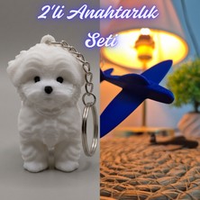 3D Atölye Maker  Beyaz Maltase Terrier ve Mavi Uçak Anahtarlık