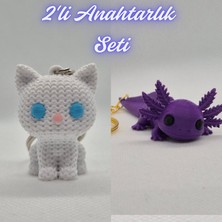3D Atölye Maker  Beyaz Örgü Desenli Kedi ve Mor Esnek Büyük Axolot Anahtarlık