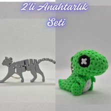 3D Atölye Maker Gümüş Esnek Kedi ve Yeşil Örgü Desen Hareketli Dino Anahtarlık