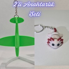 3D Atölye Maker  Yeşil Uçak ve Açık Pembe Esnek Axolot Anahtarlık
