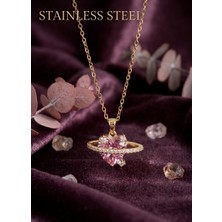 Stainless Steel 316L Çelik Gold Renk Zincir Pembe Kristal Kalp Model Zirkon Taş Detay Kolye