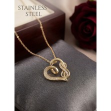 Stainless Steel 316L Çelik Gold Renk Zincir Zirkon Taş Detaylı Kalp Model Sonsuzluk Detay Kolye