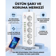 Isıya Dayanıklı Power Tuşlu 5'li Grup Priz 5x USB 5x Type-C Çıkışlı Priz 2 mt Kablolu