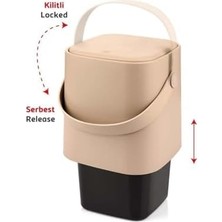 SDT Group Tutma Saplı Iç Kovalı Tezgah Üstü Mutfak Çöp Kovası, 4 Litre, Kilitli Kapak, Click Kapak, 20X20X22 cm (Krem, 4 Litre)