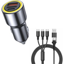 Sezy 120 Watt Araç Içi Şarj Cihazı 3.1A Pd 55 Watt Hızlı Şarj Aleti Metal Çakmaklık Şarj Type C 3-Port Işıklı