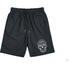 Machi Kadın Erkek Unisex Mexican Skull Baskılı Siyah Penye Rahat Kesim Cepli Lastikli Günlük Spor Şortu