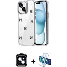 Marsilyan™- iPhone 14 Kılıf Yörünge Form - Siyah 3D Antistatik Cam Ekran Koruyucu + Pvd Metal Kamera Lens - Gs