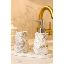 Elizovi Mermer Dokulu 3 Parça Gold Detaylı Banyo Seti | Sıvı Sabunluk, Diş Fırçalık, Tepsi