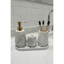 Elizovi Mermer Dokulu Premium 4 Parça Banyo Seti | Lüks Sabunluk, Fırçalık, Kulak Çöpü Kabı