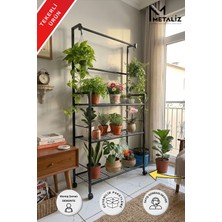 Metaliz Tekerlekli Metal Saksı Standı ve Bitki Askılığı - 3 Raflı Portatif Çiçek Rafı Siyah