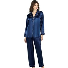 Karsu Trend Lacivert Ikili Saten Gecelik Pijama Takımı 7647