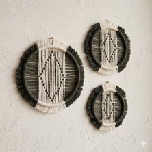 My Work Shop 3'lü Set El Yapımı Makrome Duvar Süsü - Geometrik Desenli Bohem Ev ve Balkon Dekoru - Haki Yeşili ve Krem