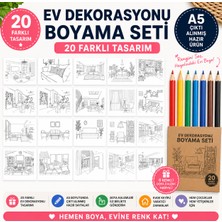 Minimaliz Studio 20 Sayfa Ev Dekorasyonu Boyama Seti | A5 Hazır Baskı Boyama Kitabı + 6 Renk Boya Kalemi | Çocuk ve Yetişkinler Için