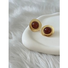 Kahve Taş Detaylı Gold Küpe