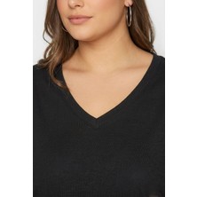 Hanezza Büyük Beden Kadın Lila V Yaka Pamuklu Viskon T-Shirt Siyah 50-52