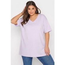 Hanezza Büyük Beden Kadın Lila V Yaka Pamuklu Viskon T-Shirt Lila 46-48