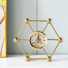Ynsk Luxury Altıgen Moleküler Tasarım Iskelet Mekanizmalı Gold Metal Masa Saati - Çarklı Lüks Ofis Çalışma Masası Aksesuarı Dekoratif Obje