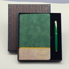 Derin Stok Yeşil Şeritli Defter Yeşil Metal Kalem Set
