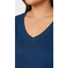 Hanezza Büyük Beden Kadın Lila V Yaka Pamuklu Viskon T-Shirt Indigo 42-44