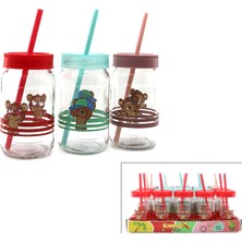 Qlux Ideas Egonex Qlux C-00558 Teddy Bear ( Pipetli ) ( Cam ) Bardak (Ayıcık Resimli) ( No-2 ) ( 370CC ) ( Renkli Plastik Kapak )*20=k