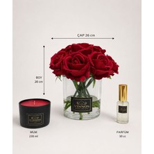 Vinnos Home & Concept Kırmızı Gül Aranjmanı Kokulu Mum ve 30 ml Oda Parfümü Hediye Seti Silindir Kutulu