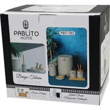 Pablito Home PBT-782 ( 6pcs ) Banyo Seti & Takımı (Bambu Detaylı) (Çöp Kova-Fırçalık-Sıvı&katı Sabunluk-Diş Fırçalık-Stand )*4=k