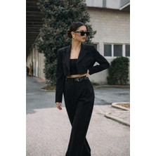 Big Nuance Kadın Siyah Crop Blazer Takım Kemer Detaylı Modern Şık Ceket Pantolon Kombini