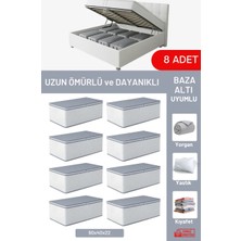 Evsella 8'li Set - Geometrik Çizgili Beyaz Büyük Boy Baza Altı & Çekyat Altı Hurç (60 x 40 x 22 Cm)