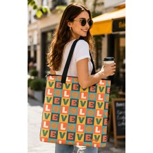 Bybag Love Retro Desenli Kadın Omuz Çantası - Fermuarlı Büyük Boy Oxford Kumaş Günlük Tote Bag 40X35 cm