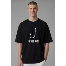 Etifa Tekstil Etifa Oversize Balıkçı Tişörtü Fish On %100 Pamuk Premium Siyah Unisex
