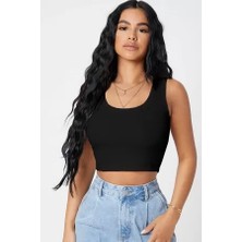 Efnaz Style Kadın Siyah Kare Yaka Crop Top Bluz