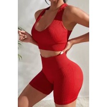 Efnaz Style Kadın Kırmızı Yüksek Bel Çapraz Sırt Detaylı Şortlu Gecelik Takım