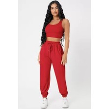 Efnaz Style Kadın Kırmızı Kaşkorse Cepli Jogger Eşofman Altı ve Crop Top Bluz