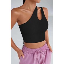 Efnaz Style Kadın Siyah Tek Omuz Cut Out Detaylı Crop Top Bluz