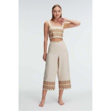 Askılı Oyuk U Yaka Geometrik Yazlık Uzun Nakış Detaylı Pijama Takımı