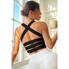 Efnaz Style Kadın Siyah Sırtı Çapraz Lastik Detaylı Crop Top Bluz