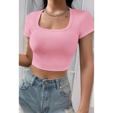 Efnaz Style Kadın Pembe Yarım Kol Düz Yaka Crop Top Bluz