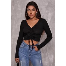 Efnaz Style Kadın Siyah Uzun Kollu Büzdürme Bağcık Detaylı Crop Top Bluz