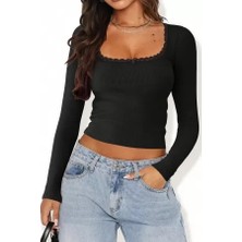 Efnaz Style Kadın Siyah Kare Yaka Dantelli Uzun Kollu Crop Top Bluz