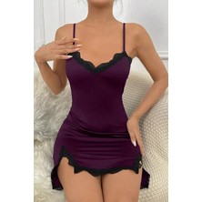 Efnaz Style Kadın Mor Göğsü ve Bacakları Dantelli Yırtmaçlı Şık Gecelik