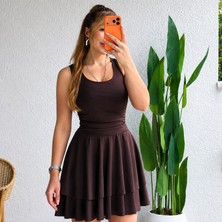 Gökyüzü Moda Kadın Askılı Yuvarlak Yakalı Fırfırlı Kısa Sandy Elbise