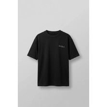 Abluka Online Erkek Oversize Örme Kumaş Nakış Detaylı Basic T-Shirt Siyah