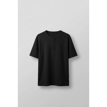 Abluka Online Erkek Relaxed Fit Fitilli Örme Düğmeli Yaka T-Shirt Siyah